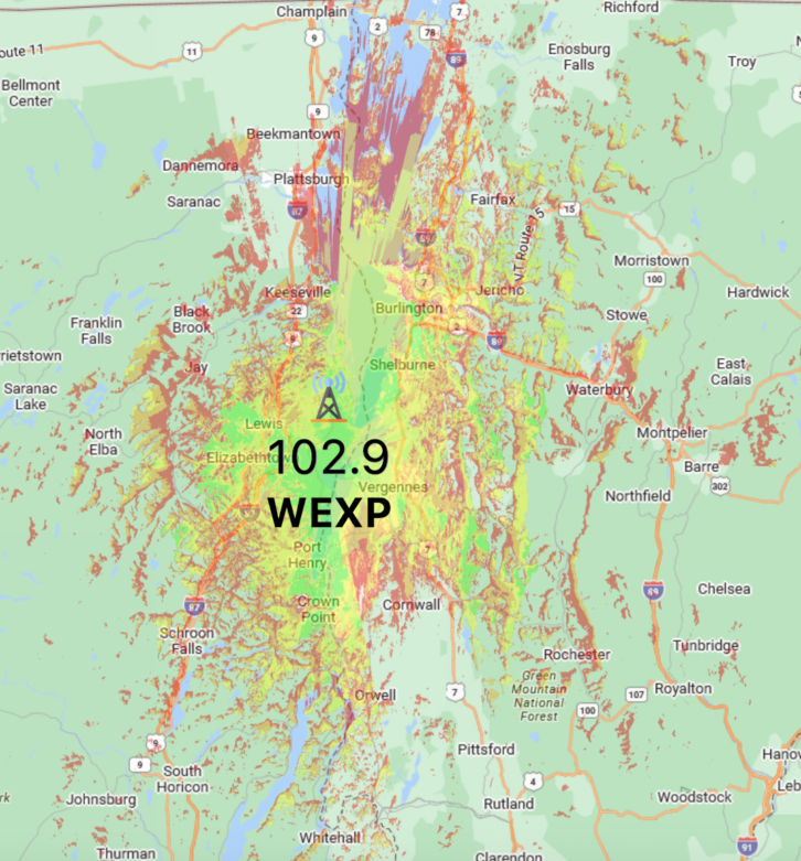 102.9 WEXP(FM)'s Longley-Rice coverage overlay